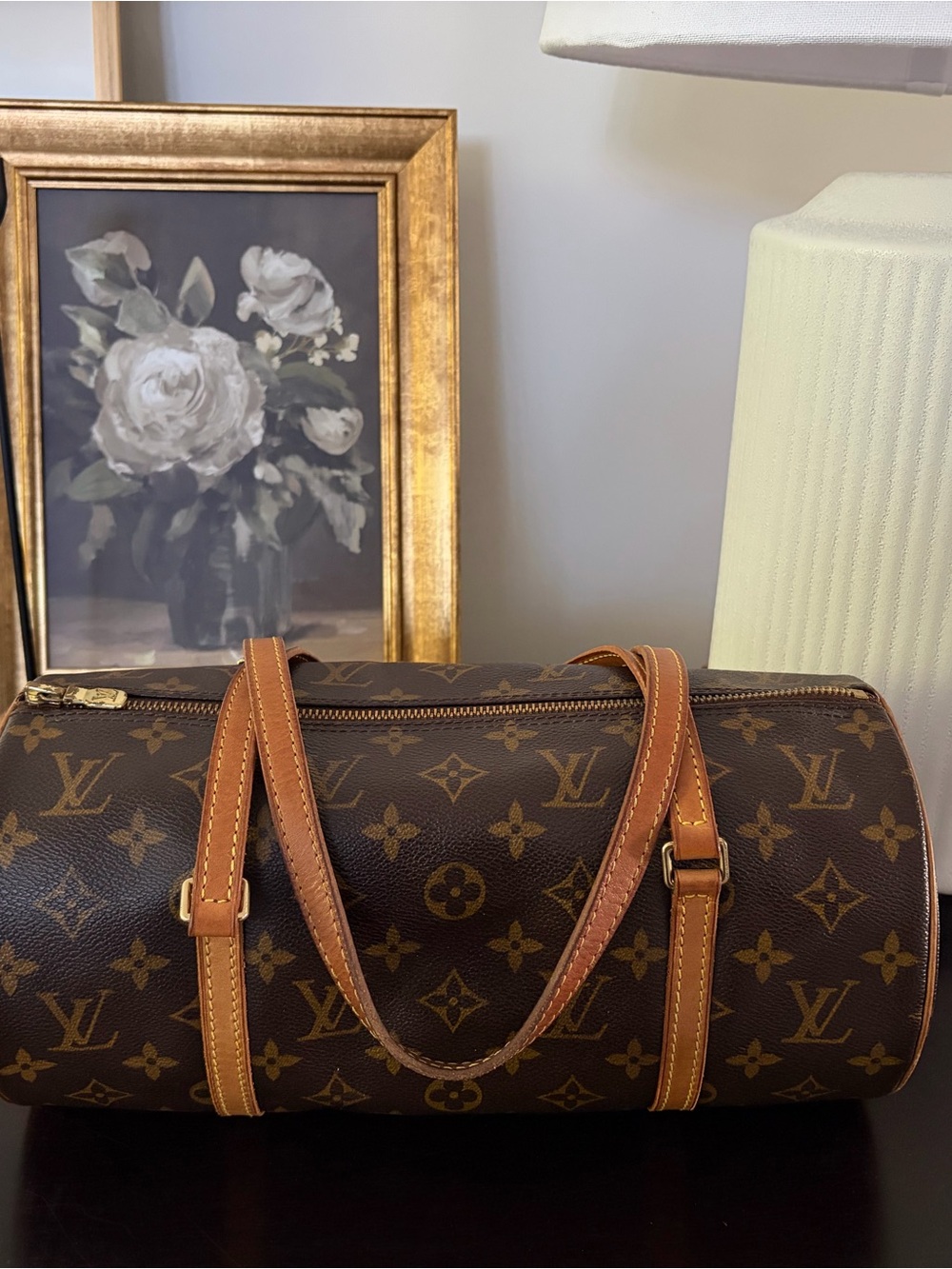 Louis Vuitton Brown Monogram Duffel Bag with Tan Leather Trim
